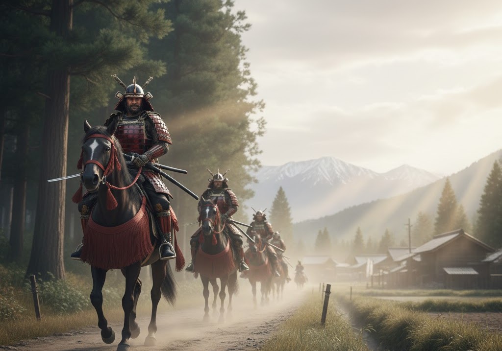 Ιστορική απεικόνιση Σαμουράι που ίππευαν στην αριστερή πλευρά του δρόμου για να προστατεύουν το σπαθί τους