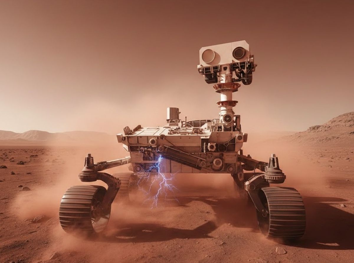 Το ρομποτικό όχημα Perseverance της NASA στην επιφάνεια του Άρη κατά τη διάρκεια καταιγίδας σκόνης