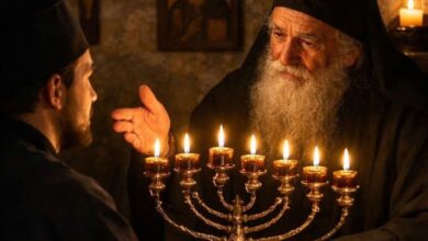 Αναμμένο επταφώτιστο καντήλι σε ορθόδοξο ναό που συμβολίζει τις ημέρες της εβδομάδας