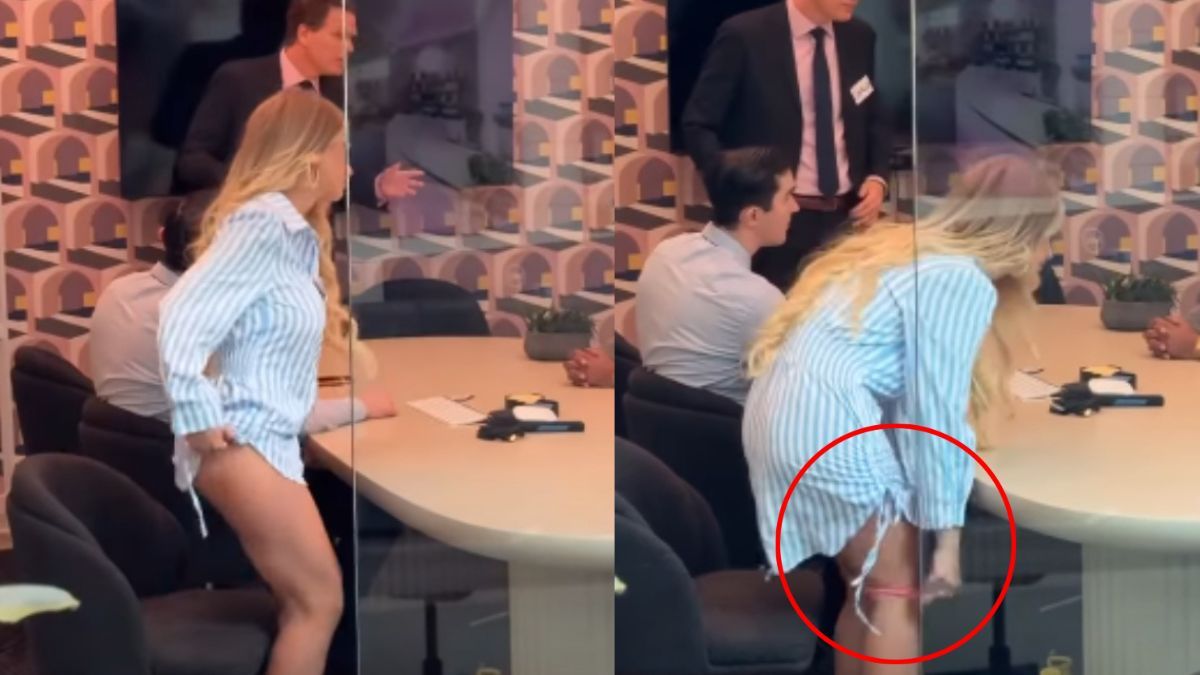 Στιγμιότυπο από online σύσκεψη όπου μια εντυπωσιακή γυναίκα βγάζει και χρησιμοποιεί το εσώρουχό της ως λαστιχάκι μαλλιών