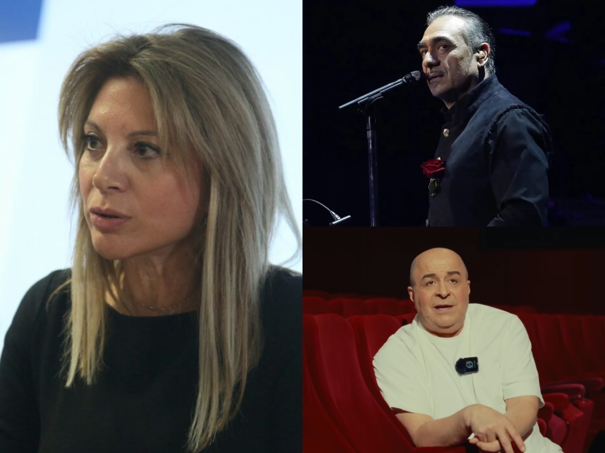 Κολάζ με τη Μαρία Καρυστιανού, τον Νότη Σφακιανάκη και τον Μάρκο Σεφερλή σε πολιτικό φόντο