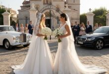 Δύο νύφες με νυφικά συναντιούνται τυχαία έξω από προαύλιο εκκλησίας