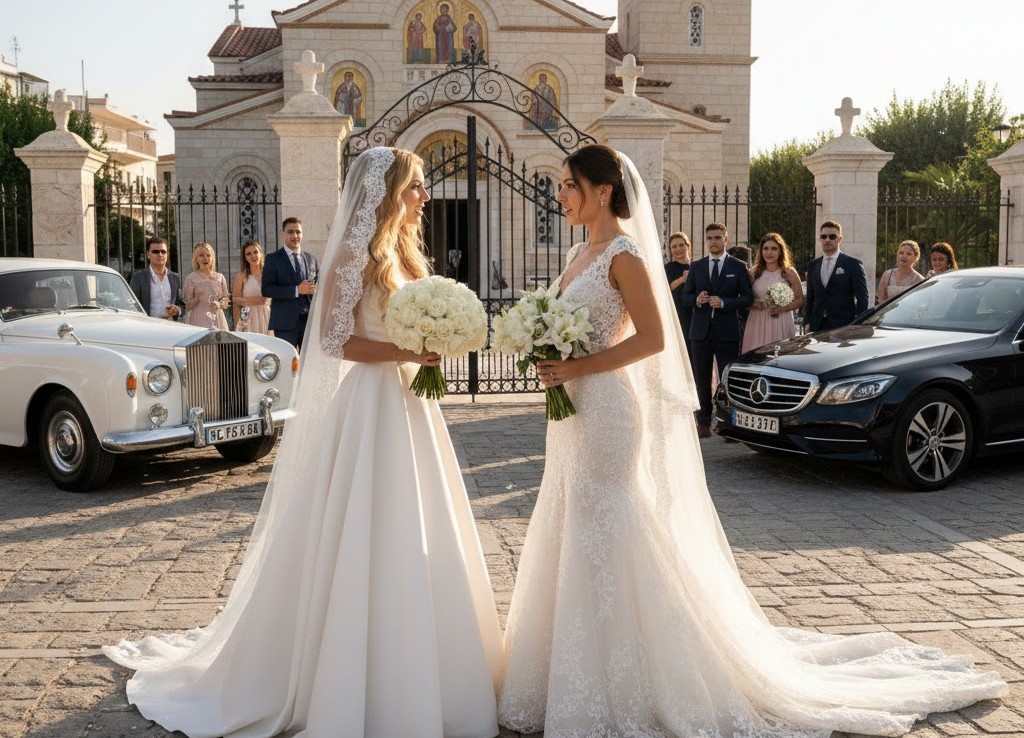 Δύο νύφες με νυφικά συναντιούνται τυχαία έξω από προαύλιο εκκλησίας