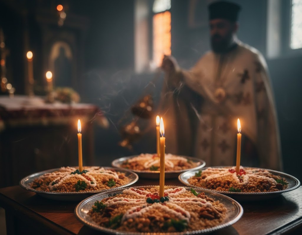 Πιάτα με κόλλυβα και αναμμένα κεριά για το Ψυχοσάββατο στην εκκλησία