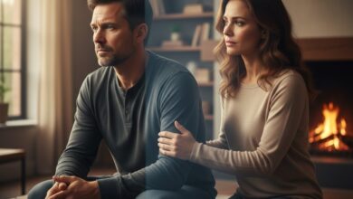 Ένας άνδρας σκεπτικός κοιτάζει μακριά ενώ κάθεται δίπλα σε μια γυναίκα