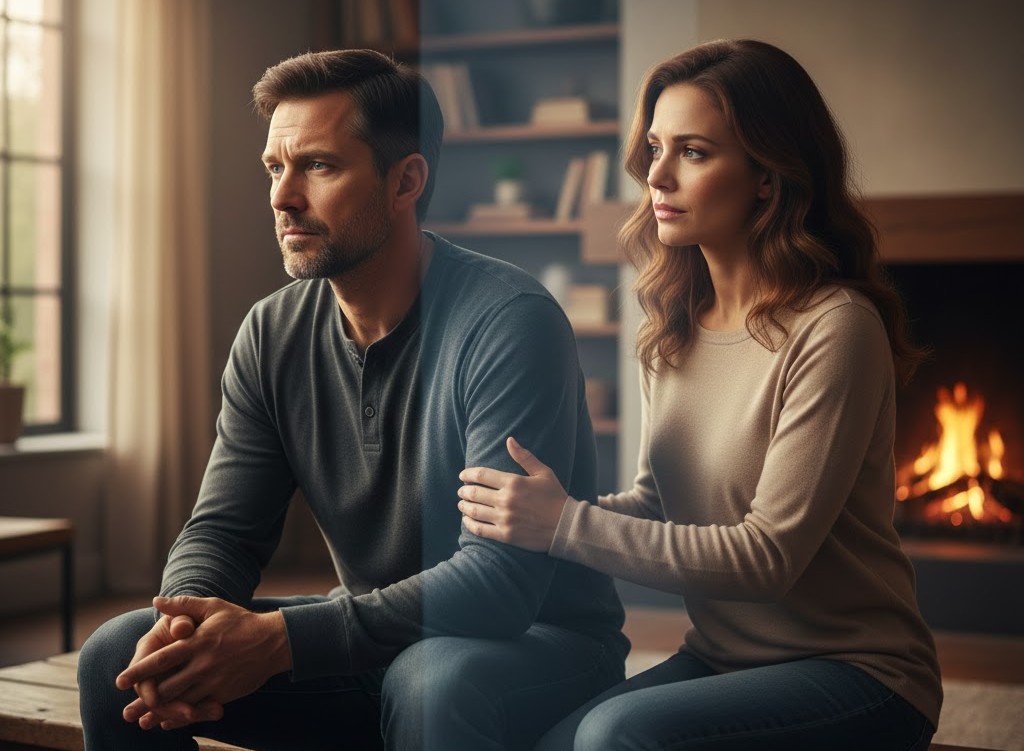 Ένας άνδρας σκεπτικός κοιτάζει μακριά ενώ κάθεται δίπλα σε μια γυναίκα