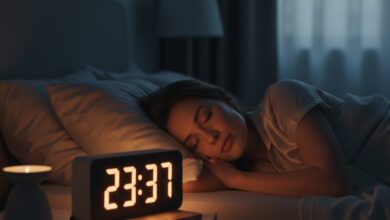 Μια γυναίκα κοιμάται ήρεμα στο σκοτάδι με ένα ψηφιακό ρολόι να δείχνει πριν τις 12