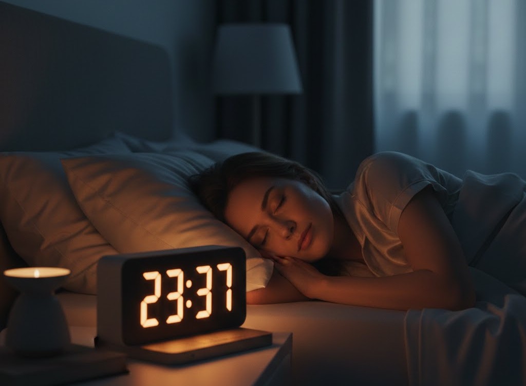 Μια γυναίκα κοιμάται ήρεμα στο σκοτάδι με ένα ψηφιακό ρολόι να δείχνει πριν τις 12