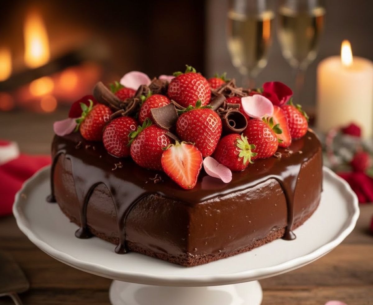 Σοκολατένια τούρτα σε σχήμα καρδιάς γαρνιρισμένη με φρέσκες φράουλες για την ημέρα του Αγίου Βαλεντίνου