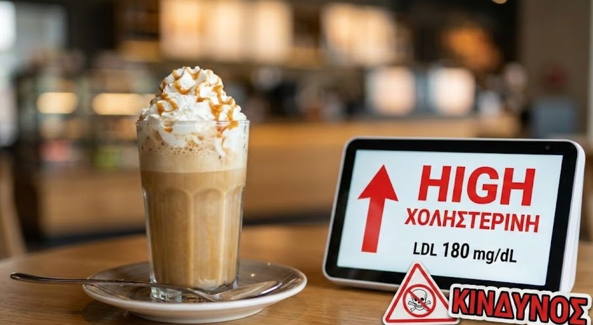 Ποτήρι με κρεμώδη καφέ latte και ζάχαρη που επιβαρύνει την καρδιά