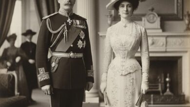 Ασπρόμαυρη φωτογραφία εποχής με τον Πρίγκιπα Άρθουρ και τη Λεόνι Λέσλι σε επίσημη εμφάνιση