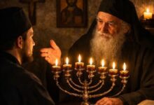 Αναμμένο επταφώτιστο καντήλι σε ορθόδοξο ναό που συμβολίζει τις ημέρες της εβδομάδας