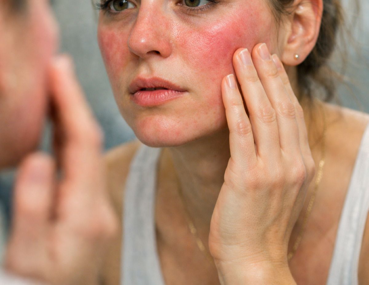 Γυναίκα που παρατηρεί σημάδια κούρασης και κοκκινίλες στο πρόσωπό της μετά από κατανάλωση αλκοόλ