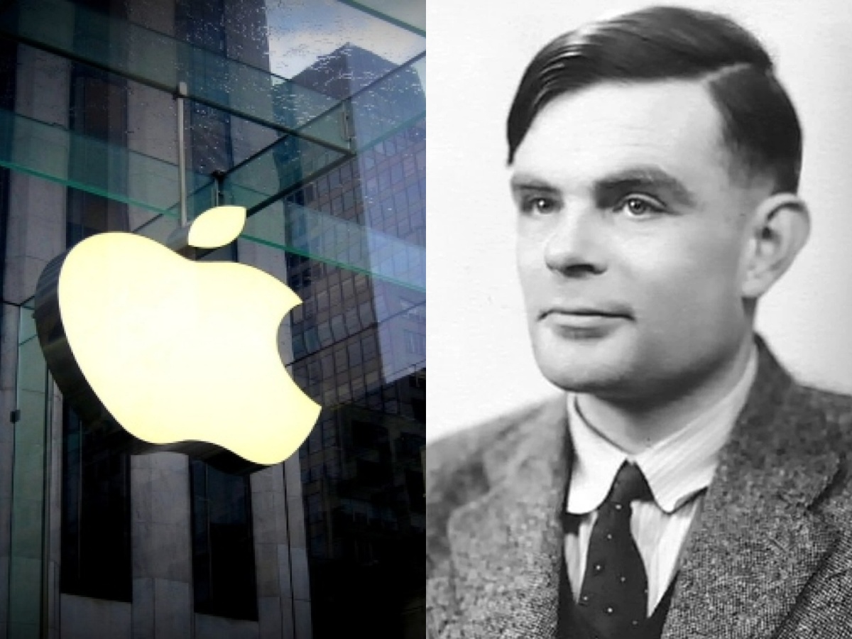 Ο Alan Turing δίπλα που έσπασε τη μηχανή αποκρυπτογράφησης Enigma του Β' Παγκοσμίου Πολέμου δίπλα στο δαγκωμένο μήλο logo της Apple