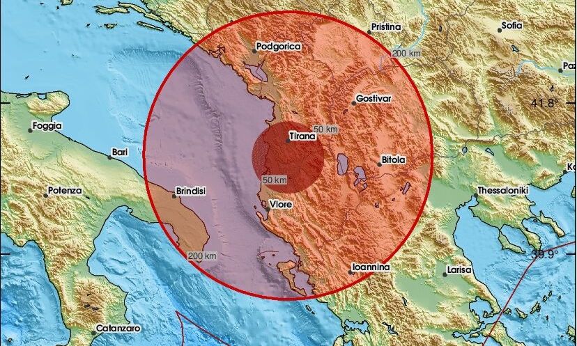 Χάρτης με το επίκεντρο του σεισμού στην κεντρική Αλβανία κοντά στο Ελμπασάν