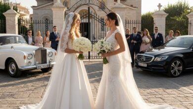 Δύο νύφες με νυφικά συναντιούνται τυχαία έξω από προαύλιο εκκλησίας