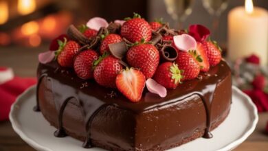 Σοκολατένια τούρτα σε σχήμα καρδιάς γαρνιρισμένη με φρέσκες φράουλες για την ημέρα του Αγίου Βαλεντίνου