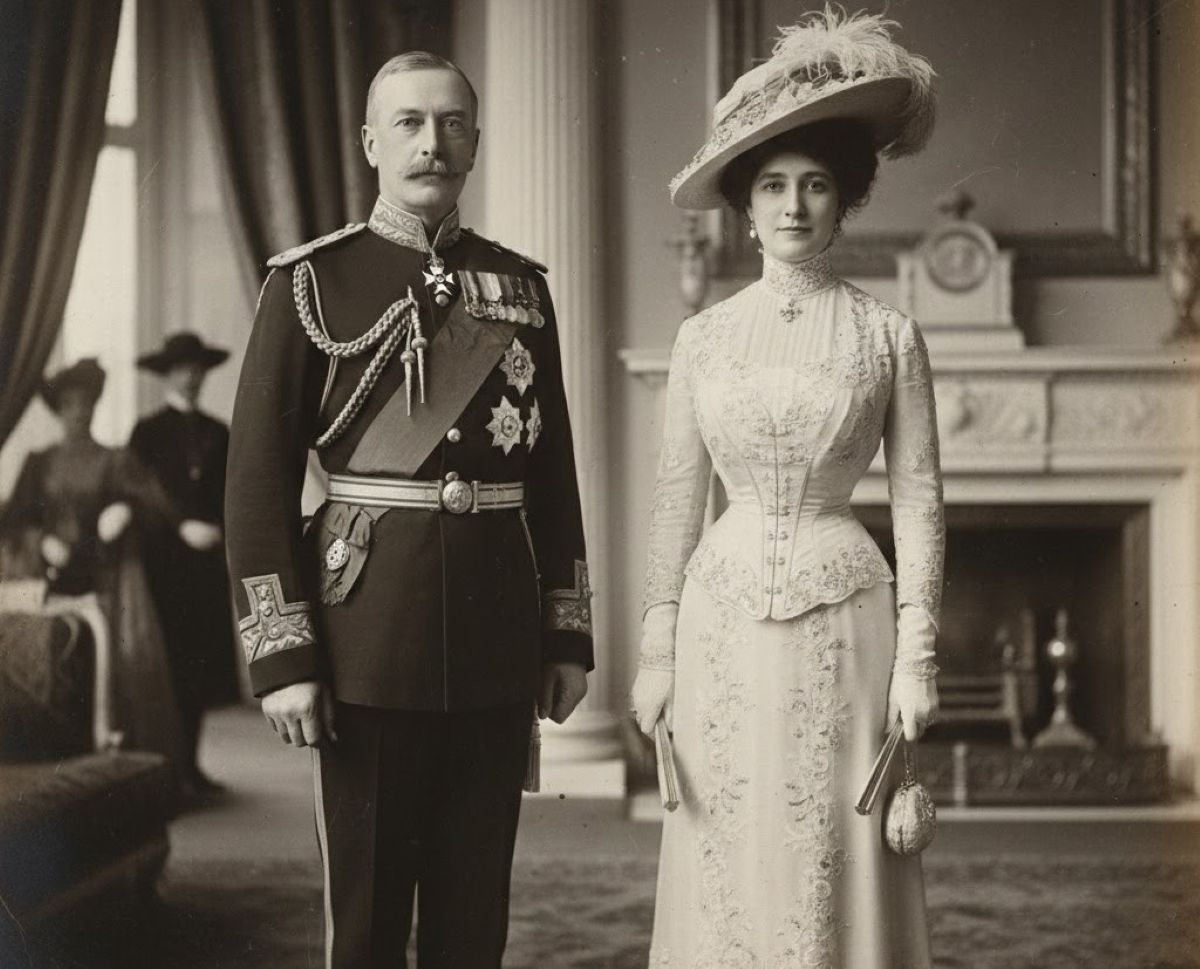 Ασπρόμαυρη φωτογραφία εποχής με τον Πρίγκιπα Άρθουρ και τη Λεόνι Λέσλι σε επίσημη εμφάνιση