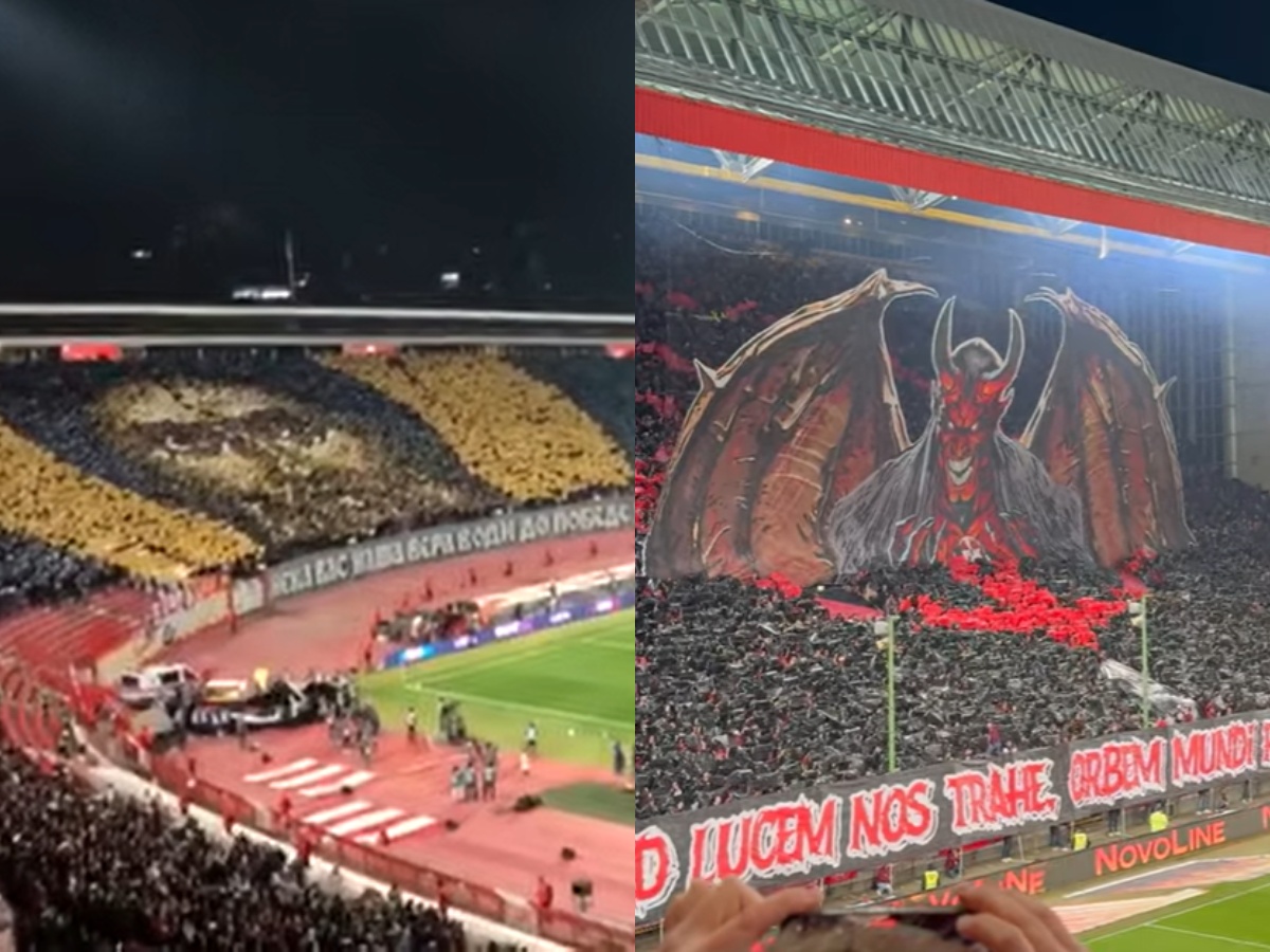 Το επίμαχο κορεό των οπαδών του Ερυθρού Αστέρα με την απεικόνιση του Αγίου Συμεών στο γήπεδο