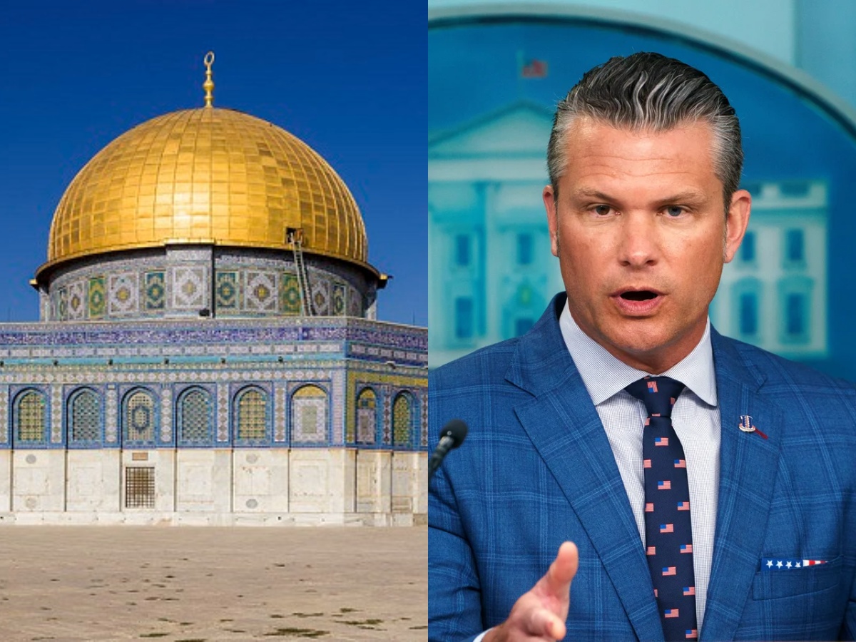 Καλλιτεχνική απεικόνιση του Τρίτου Ναού στην Ιερουσαλήμ με φόντο τον Υπουργό Άμυνας των ΗΠΑ, Πιτ Χέγκσεθ