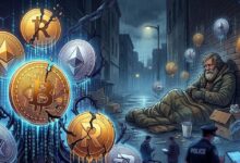 Ψηφιακή απεικόνιση κρυπτονομισμάτων με φόντο έναν άστεγο, συμβολίζοντας την απάτη με κρυπτονομίσματα στο Ρέθυμνο