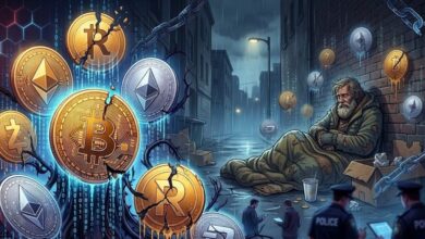 Ψηφιακή απεικόνιση κρυπτονομισμάτων με φόντο έναν άστεγο, συμβολίζοντας την απάτη με κρυπτονομίσματα στο Ρέθυμνο