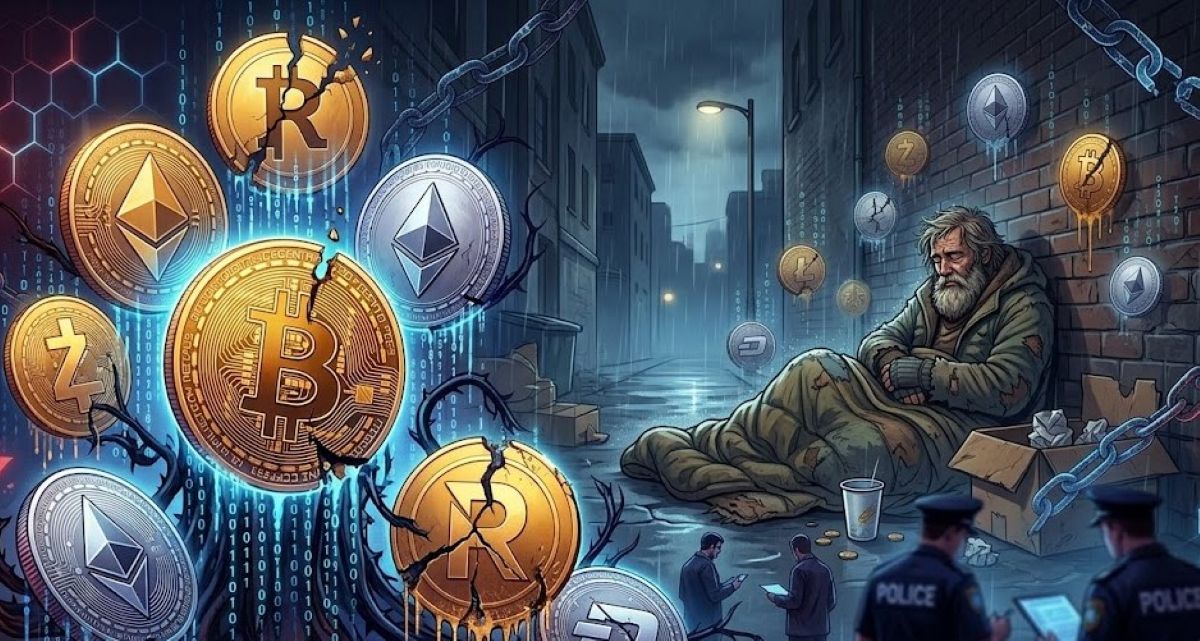 Ψηφιακή απεικόνιση κρυπτονομισμάτων με φόντο έναν άστεγο, συμβολίζοντας την απάτη με κρυπτονομίσματα στο Ρέθυμνο