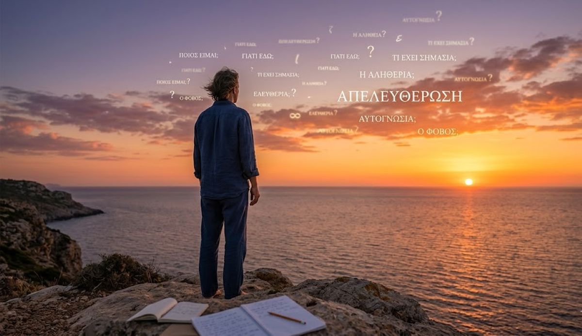 Ένας άνθρωπος που κοιτάζει τον ορίζοντα, συμβολίζοντας την απελευθέρωση του μυαλού μέσα από ερωτήσεις αυτογνωσίας