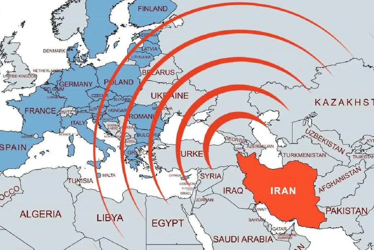 Χάρτης της Ανατολικής Μεσογείου που δείχνει την απόσταση μεταξύ Ιράν και της βάσης της Σούδας στην Κρήτη