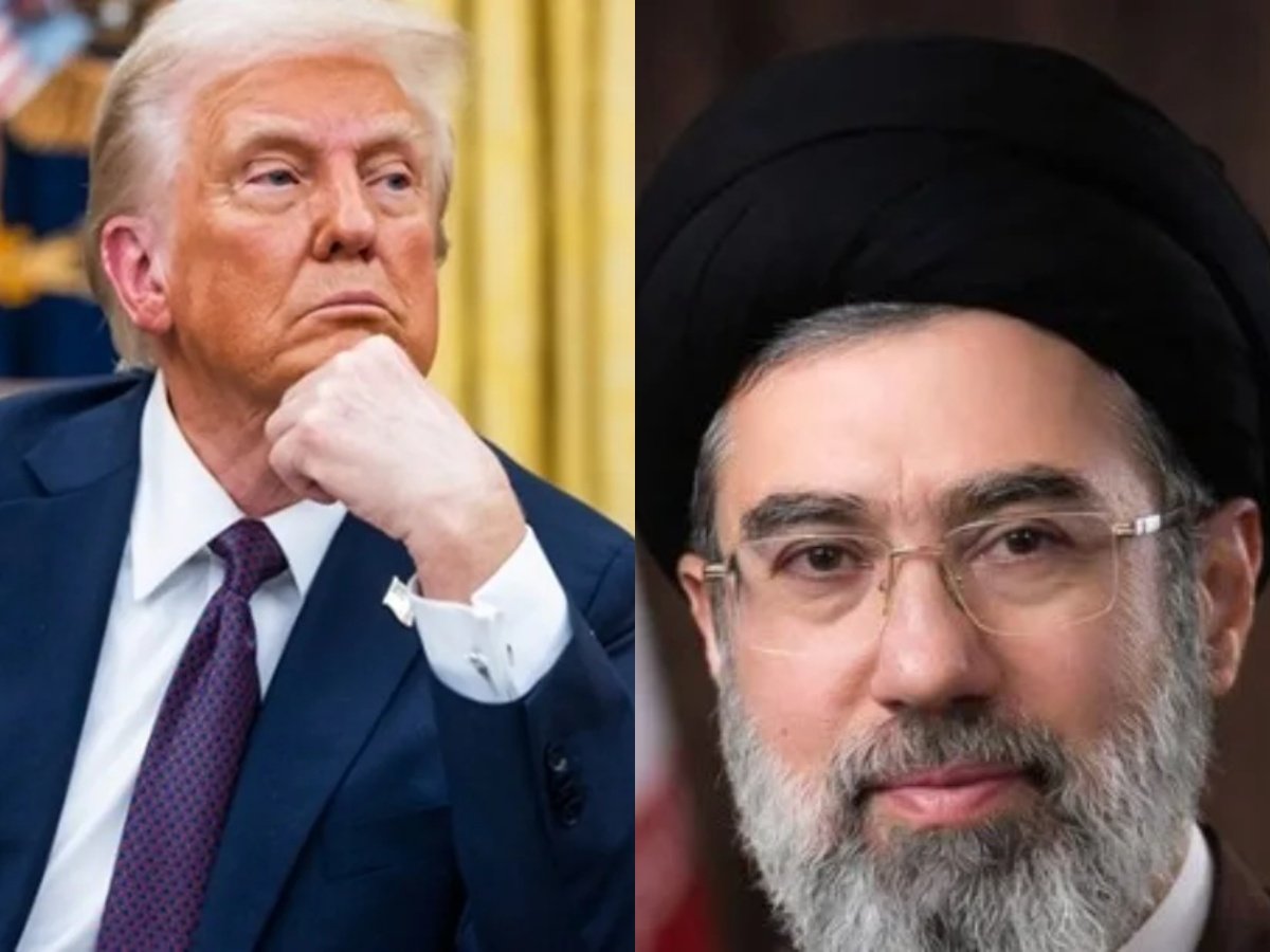 Ο Ντόναλντ Τραμπ και ο Μοτζτάμπα Χαμενεΐ σε φόντο με εκρήξεις και την τιμή του πετρελαίου να ανεβαίνει