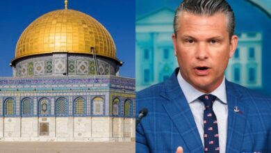 Καλλιτεχνική απεικόνιση του Τρίτου Ναού στην Ιερουσαλήμ με φόντο τον Υπουργό Άμυνας των ΗΠΑ, Πιτ Χέγκσεθ