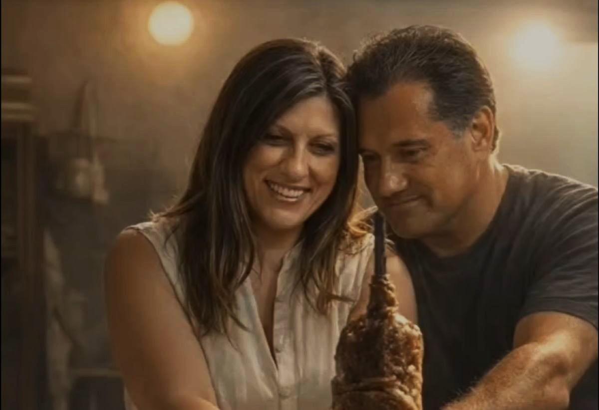 Ψηφιακή απεικόνιση AI των Ζωή Κωνσταντοπούλου και Άδωνι Γεωργιάδη σε παρωδία πασχαλινής διαφήμισης δίπλα σε μια σούβλα