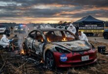 Το καμένο όχημα Tesla του επιστήμονα ΛεΜπλανκ και το σήμα της NASA σε φόντο έρευνας για μυστηριώδεις θανάτους επιστημόνων