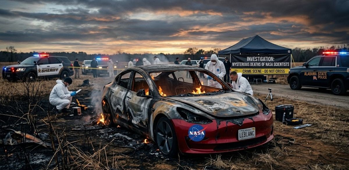 Το καμένο όχημα Tesla του επιστήμονα ΛεΜπλανκ και το σήμα της NASA σε φόντο έρευνας για μυστηριώδεις θανάτους επιστημόνων