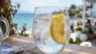 Ποτήρι με δροσερό ανθρακούχο νερό, φυσαλίδες και φέτα λεμονιού