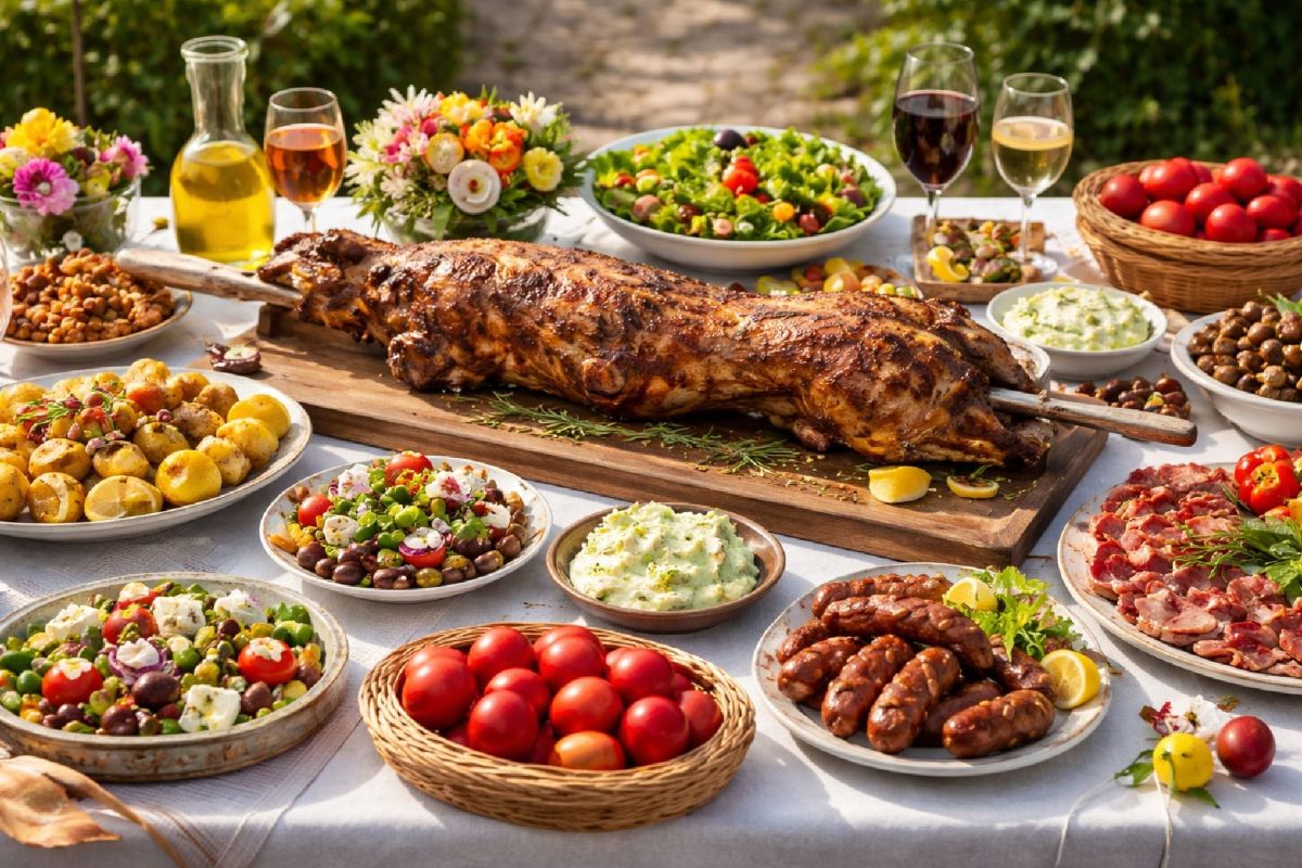 Πλούσιο πασχαλινό τραπέζι με αρνί, μαγειρίτσα και κόκκινα αυγά