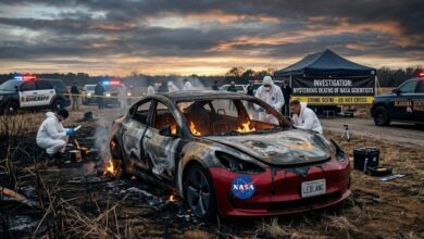 Το καμένο όχημα Tesla του επιστήμονα ΛεΜπλανκ και το σήμα της NASA σε φόντο έρευνας για μυστηριώδεις θανάτους επιστημόνων