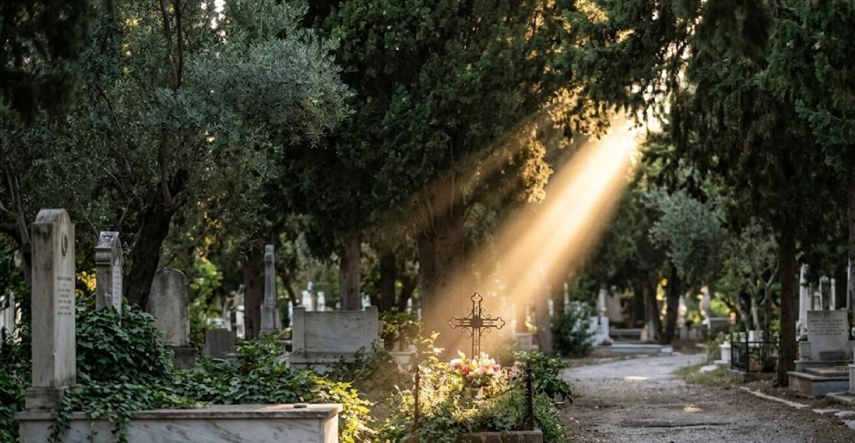 Μια ακτίνα φωτός που διαπερνά τα δέντρα σε ένα ήσυχο κοιμητήριο, συμβολίζοντας την παρουσία της ψυχής.