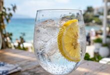 Ποτήρι με δροσερό ανθρακούχο νερό, φυσαλίδες και φέτα λεμονιού