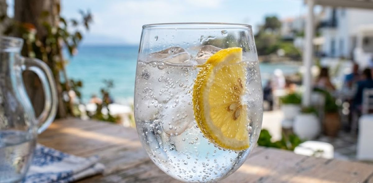 Ποτήρι με δροσερό ανθρακούχο νερό, φυσαλίδες και φέτα λεμονιού