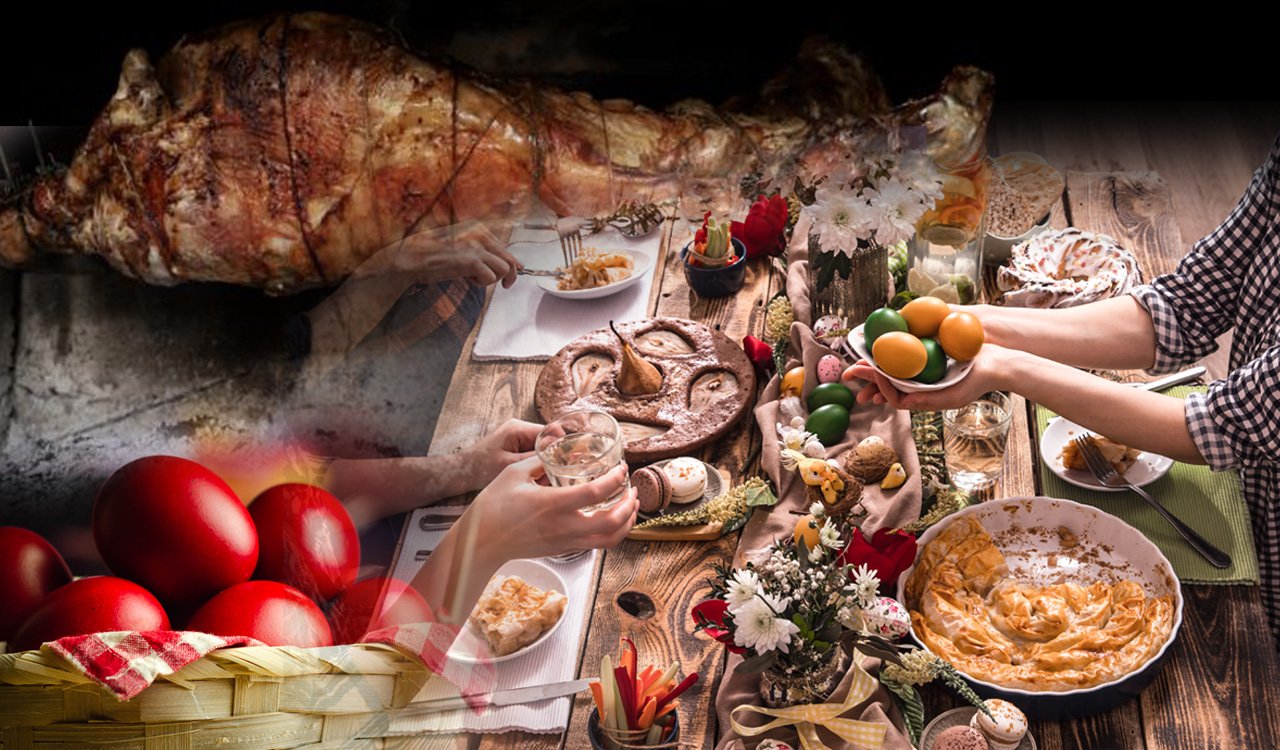 Παραδοσιακό πασχαλινό τραπέζι με αρνί στη σούβλα και κόκκινα αυγά.