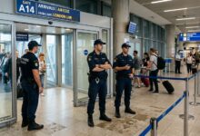 Αστυνομικοί περιμένουν στην πύλη αεροδρομίου για τη σύλληψη επιβατών