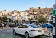 Σύγχρονο ηλεκτρικό αυτοκίνητο που φορτίζει σε δημόσιο σταθμό με φόντο ελληνικό αστικό τοπίο