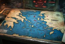 Χάρτης του Αιγαίου με τα ελληνικά νησιά και την Τουρκία σε φόντο γεωπολιτικής έντασης.