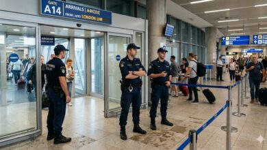 Αστυνομικοί περιμένουν στην πύλη αεροδρομίου για τη σύλληψη επιβατών