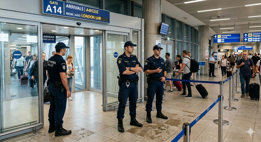Αστυνομικοί περιμένουν στην πύλη αεροδρομίου για τη σύλληψη επιβατών