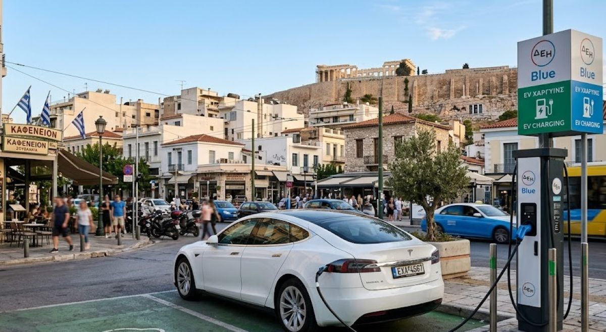 Σύγχρονο ηλεκτρικό αυτοκίνητο που φορτίζει σε δημόσιο σταθμό με φόντο ελληνικό αστικό τοπίο