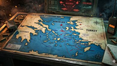Χάρτης του Αιγαίου με τα ελληνικά νησιά και την Τουρκία σε φόντο γεωπολιτικής έντασης.