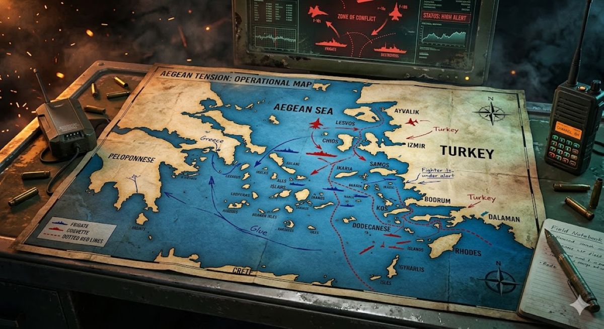 Χάρτης του Αιγαίου με τα ελληνικά νησιά και την Τουρκία σε φόντο γεωπολιτικής έντασης.
