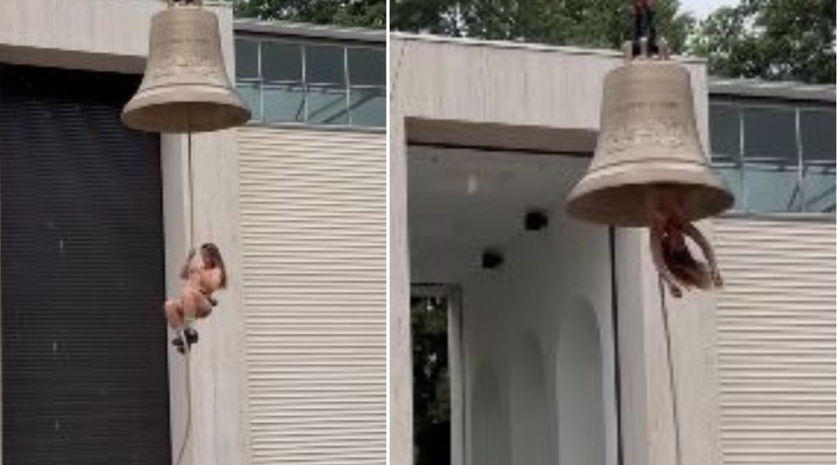 Η καλλιτέχνης Φλορεντίνα Χόλζινγκερ κρεμασμένη ανάποδα από καμπάνα στην Μπιενάλε Βενετίας